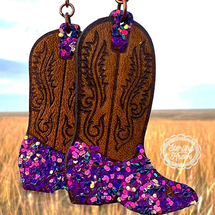 These Boot Earrings look just like the real thing. The multi colored glitter on the boots make these earrings pop. They are 2" in length an very lightweight!
